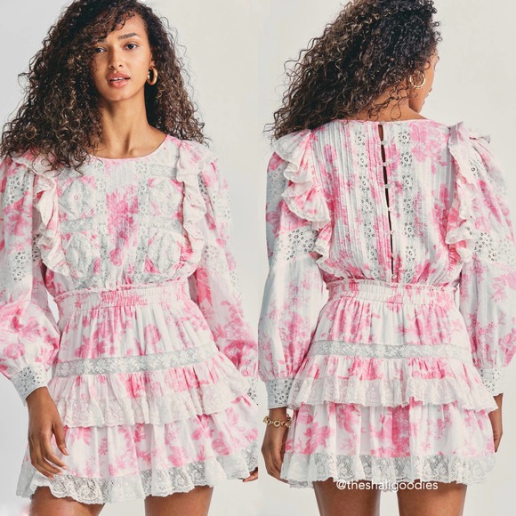 LOVESHACKFANCY Santorini Dress Floral Lace Ruffle Pink White - Picture 3 of 10